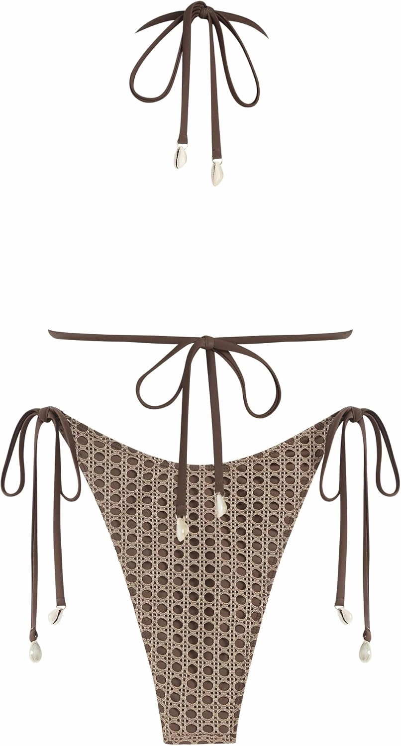 ZAFUL Women's Triangle Bikini Multiway Fishnet Tie Side Bandeau Halter String Bikini Set Two Piece Swimsuit Bathing Suits