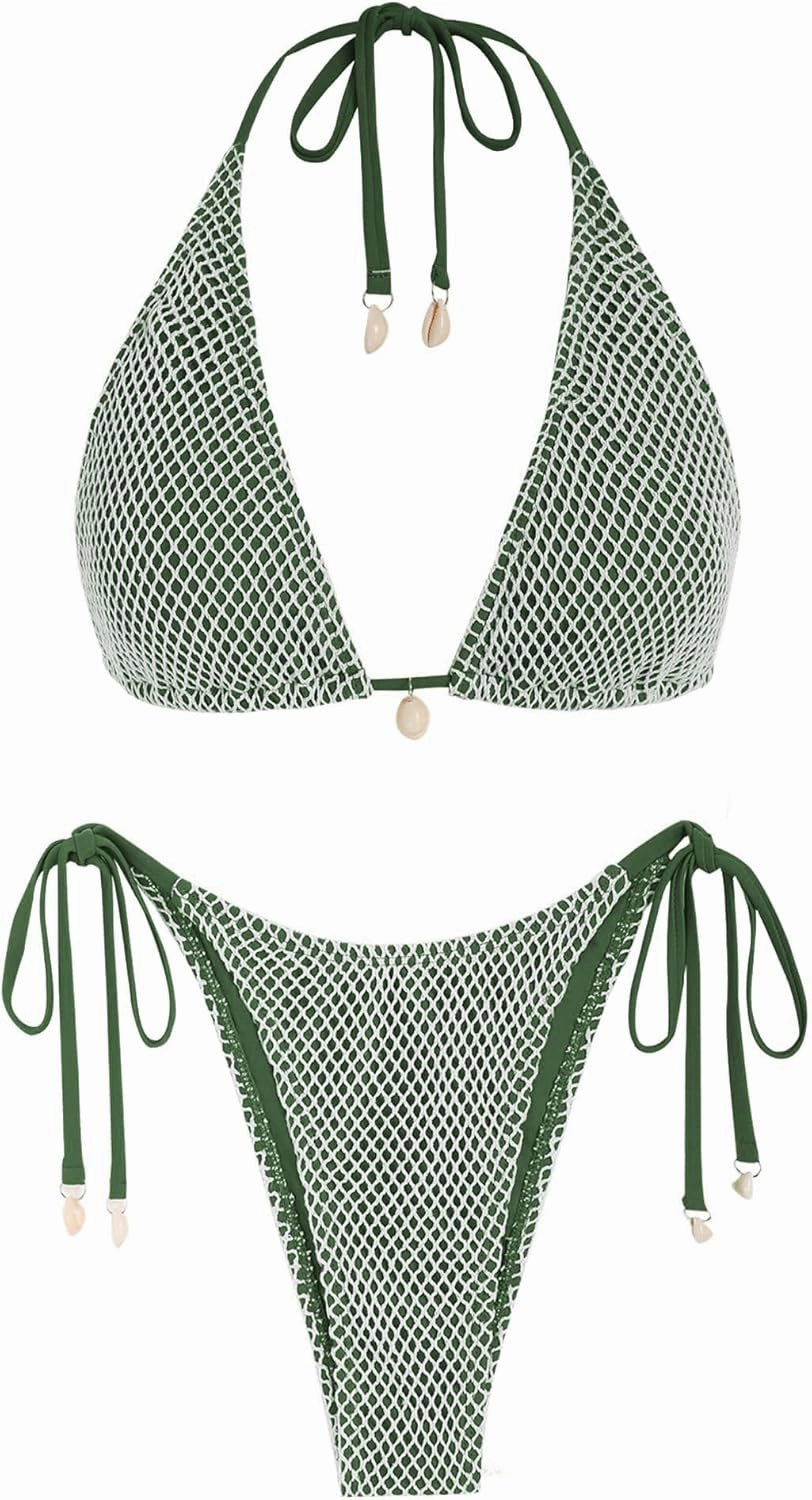 ZAFUL Women's Triangle Bikini Multiway Fishnet Tie Side Bandeau Halter String Bikini Set Two Piece Swimsuit Bathing Suits