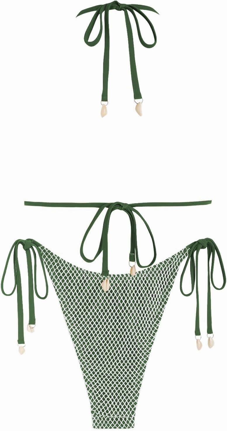ZAFUL Women's Triangle Bikini Multiway Fishnet Tie Side Bandeau Halter String Bikini Set Two Piece Swimsuit Bathing Suits