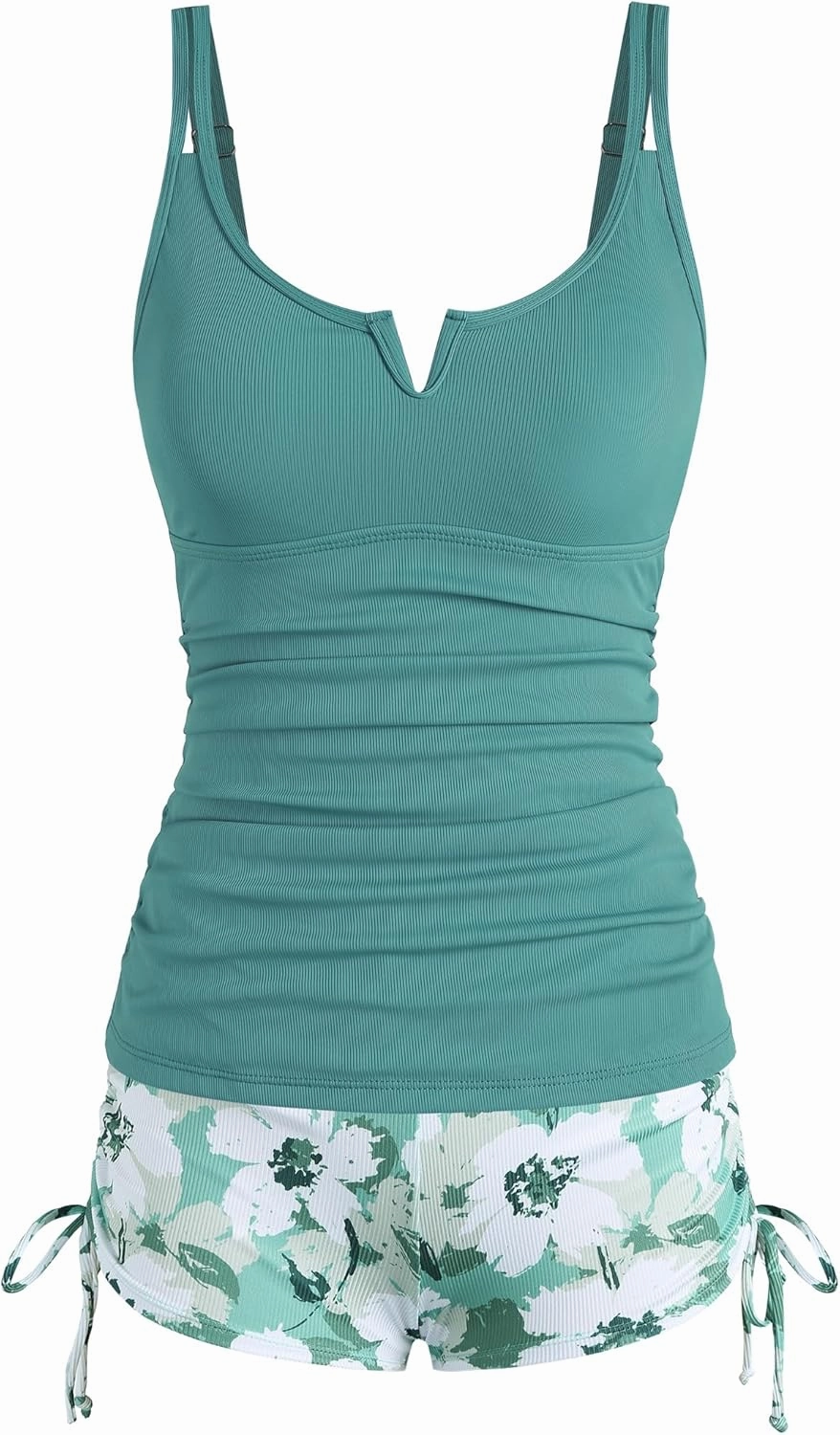 ZAFUL Women's V-Wire Tankini Swimsuits Tummy Control Ruched Top Two Piece Bathing Suits with High Waisted Shorts