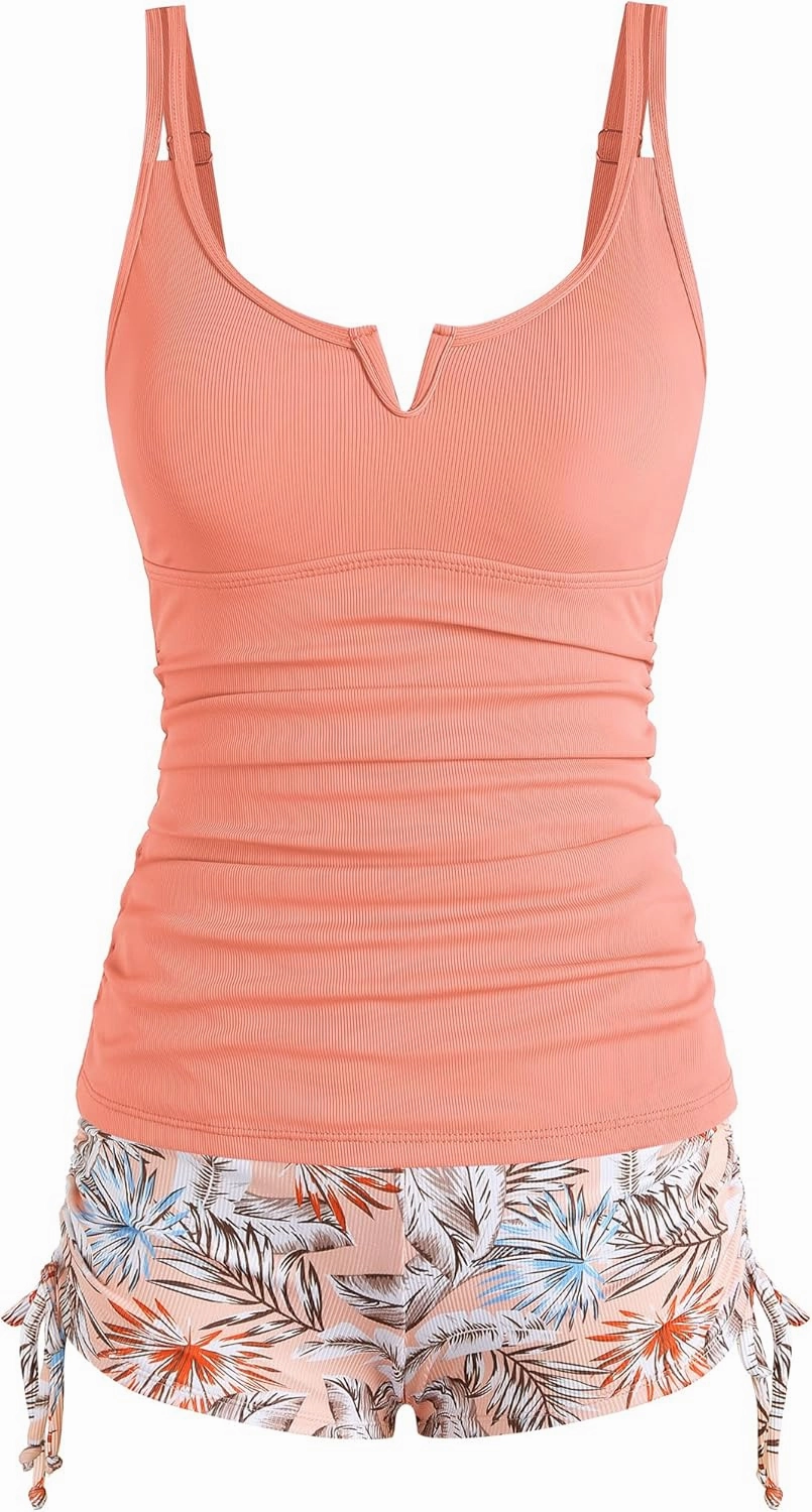 ZAFUL Women's V-Wire Tankini Swimsuits Tummy Control Ruched Top Two Piece Bathing Suits with High Waisted Shorts