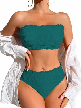 ZAFUL Women Strapless Bandeau Bikini Ruffle 2 Piece Swimwear Cheeky Solid Wave Lace up Bathing Suits