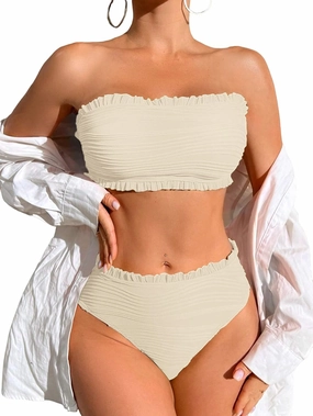 ZAFUL Women Strapless Bandeau Bikini Ruffle 2 Piece Swimwear Cheeky Solid Wave Lace up Bathing Suits