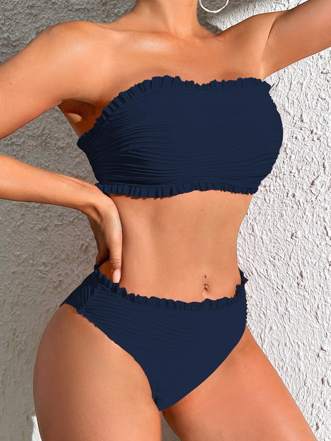ZAFUL Women Strapless Bandeau Bikini Ruffle 2 Piece Swimwear Cheeky Solid Wave Lace up Bathing Suits