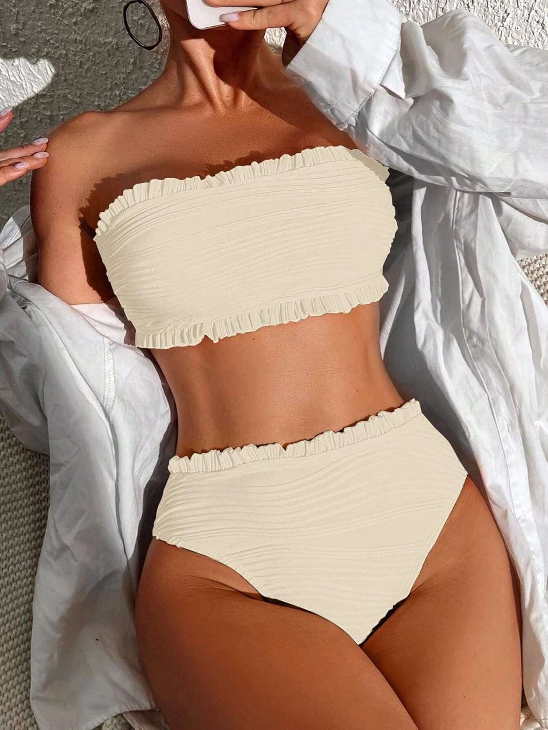 ZAFUL Women Strapless Bandeau Bikini Ruffle 2 Piece Swimwear Cheeky Solid Wave Lace up Bathing Suits