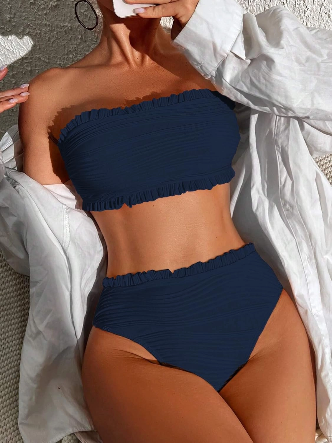 ZAFUL Women Strapless Bandeau Bikini Ruffle 2 Piece Swimwear Cheeky Solid Wave Lace up Bathing Suits