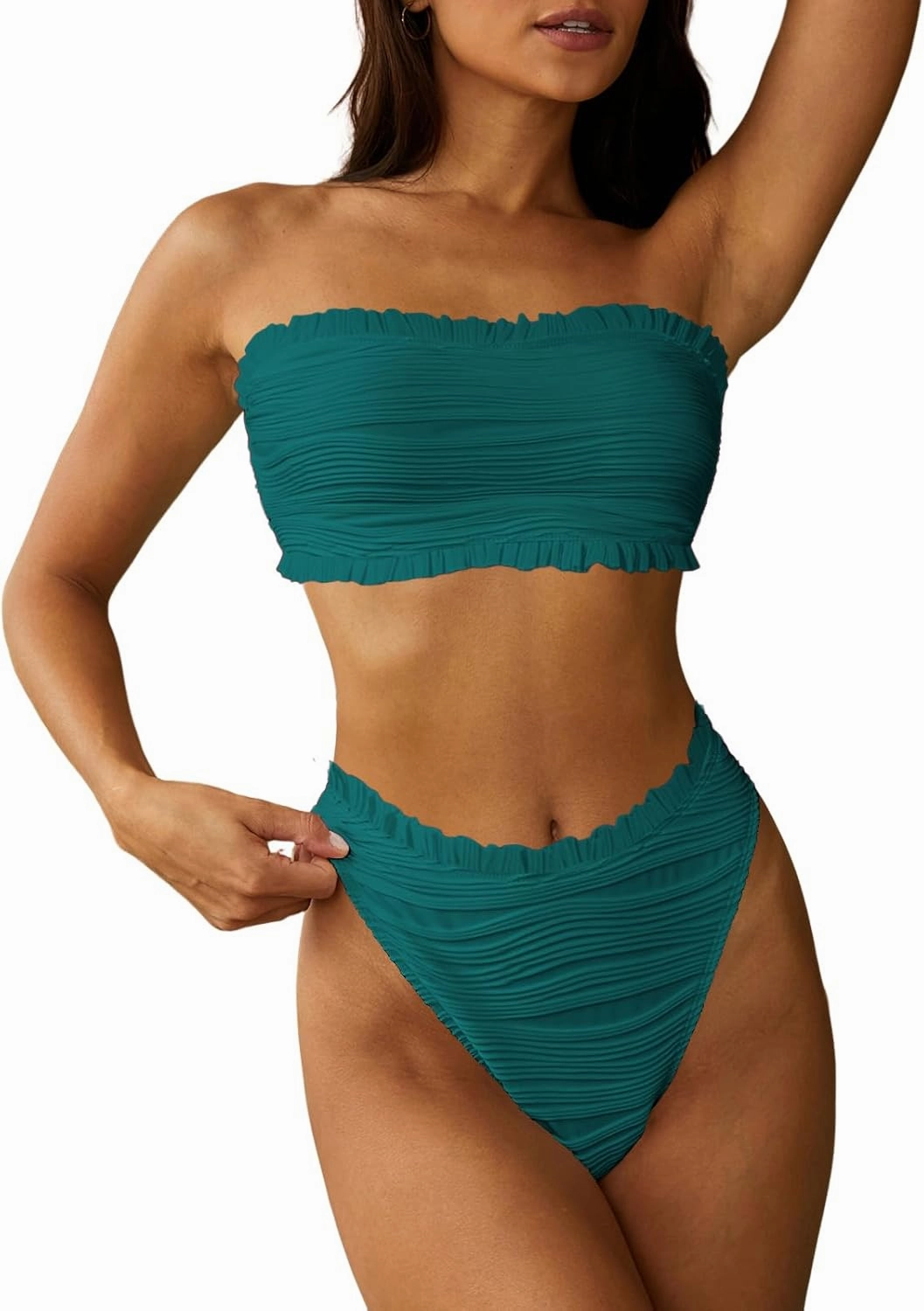 ZAFUL Women Strapless Bandeau Bikini Ruffle 2 Piece Swimwear Cheeky Solid Wave Lace up Bathing Suits