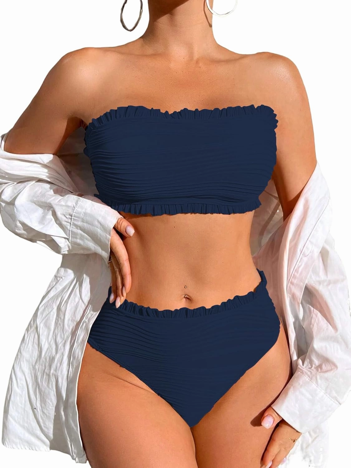 ZAFUL Women Strapless Bandeau Bikini Ruffle 2 Piece Swimwear Cheeky Solid Wave Lace up Bathing Suits