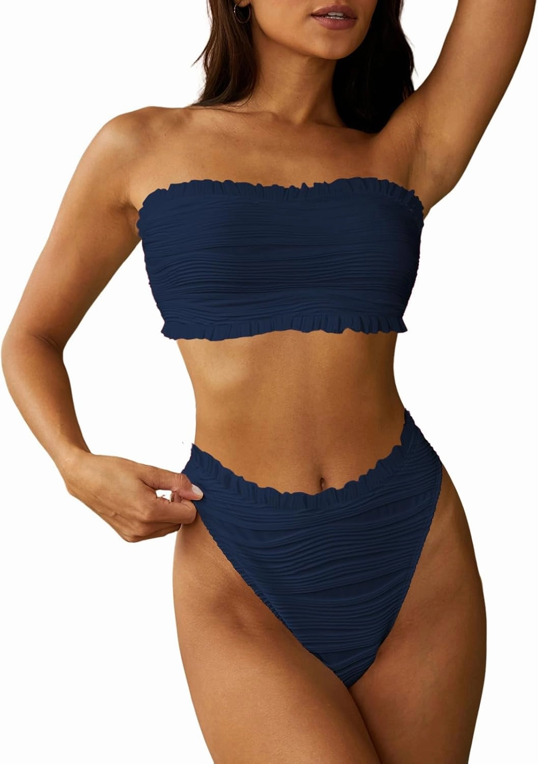 ZAFUL Women Strapless Bandeau Bikini Ruffle 2 Piece Swimwear Cheeky Solid Wave Lace up Bathing Suits