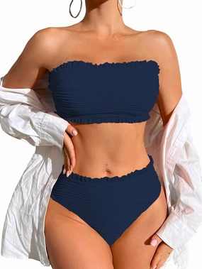 ZAFUL Women Strapless Bandeau Bikini Ruffle 2 Piece Swimwear Cheeky Solid Wave Lace up Bathing Suits