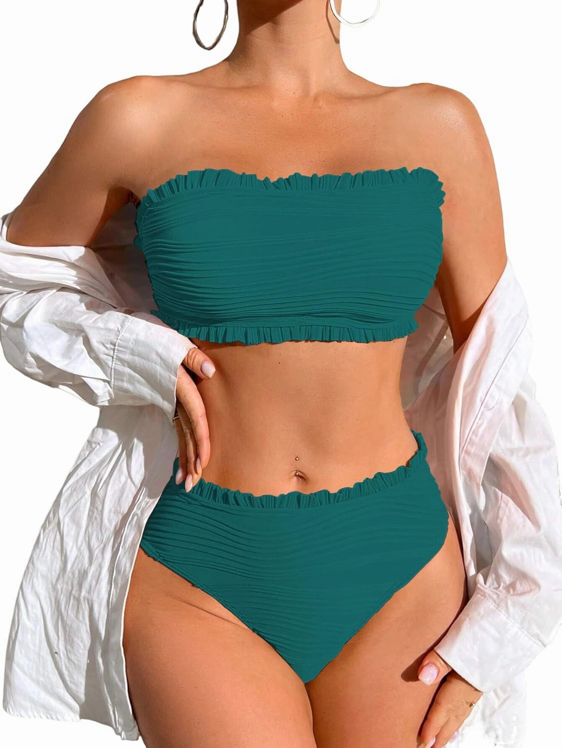 ZAFUL Women Strapless Bandeau Bikini Ruffle 2 Piece Swimwear Cheeky Solid Wave Lace up Bathing Suits