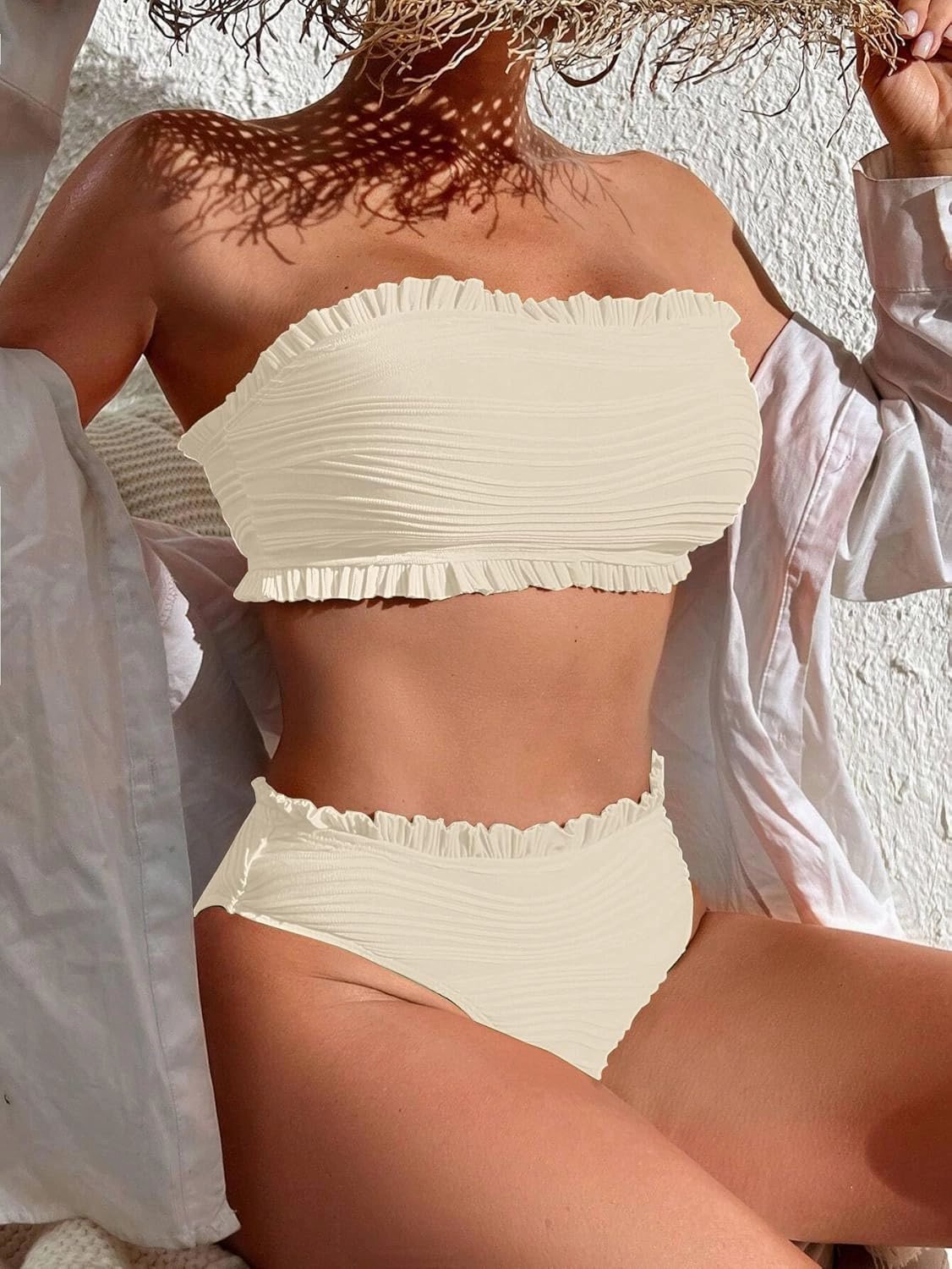 ZAFUL Women Strapless Bandeau Bikini Ruffle 2 Piece Swimwear Cheeky Solid Wave Lace up Bathing Suits