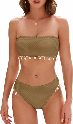 ZAFUL Women Strapless Bandeau Bikini Shell 2 Piece Swimwear Cheeky Solid Lace up Pom Bathing Suits