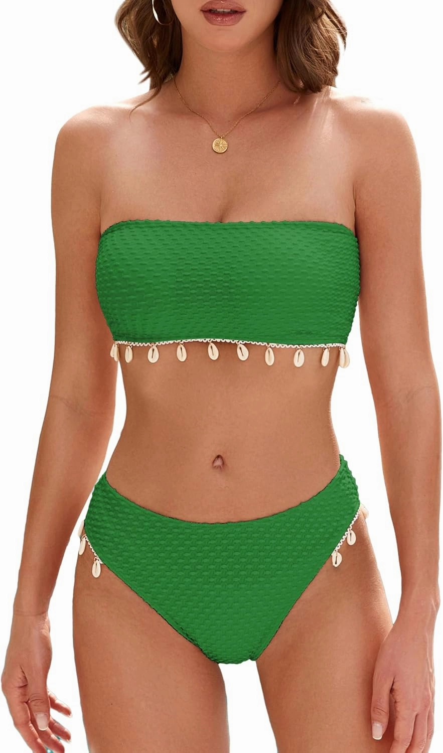 ZAFUL Women Strapless Bandeau Bikini Shell 2 Piece Swimwear Cheeky Solid Lace up Pom Bathing Suits