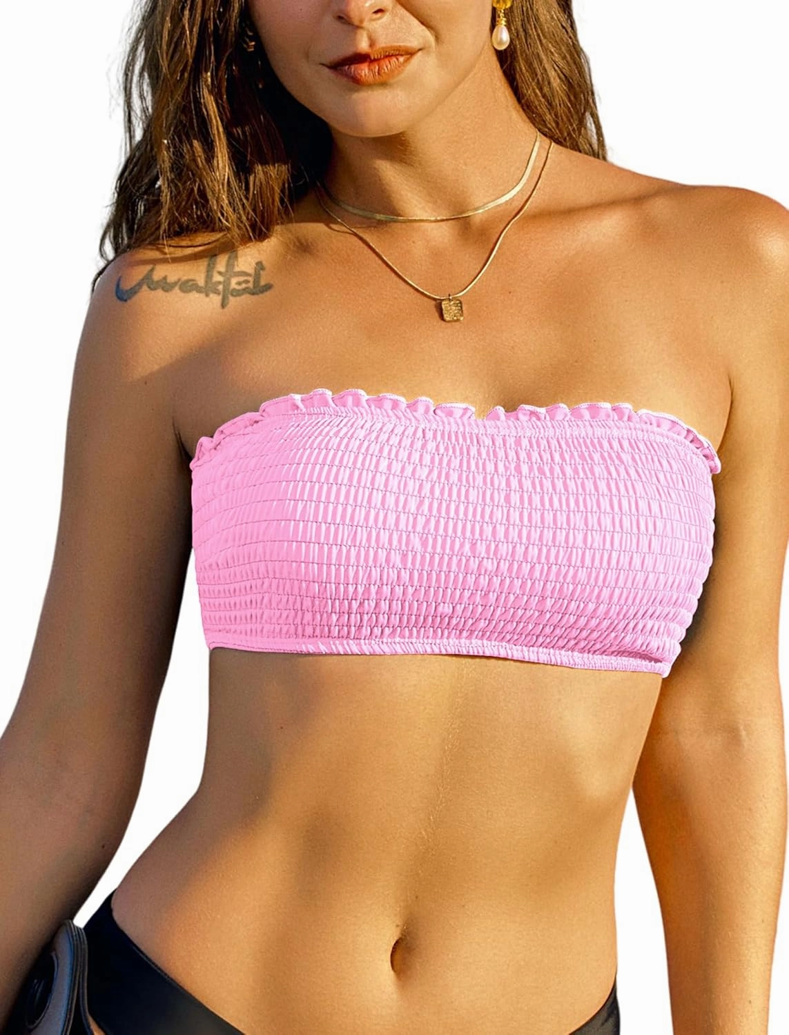 ZAFUL Women Strapless Bandeau Bikini Top Ruffle Lace up Swimsuit Solid Color Bathing Suits Tube Top Only