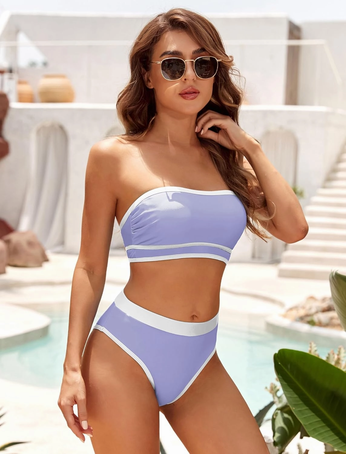 ZAFUL Women Strapless Color Block Bandeau Bikini High Waisted 2 Piece Swimwear Lace up Bathing Suits