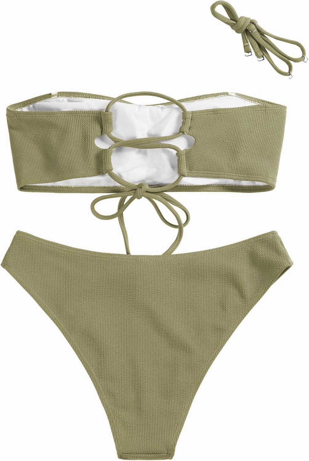 ZAFUL Women Strapless Ribbed High Cut Bandeau Bikini Lace Up 2 Pieces Swimwear