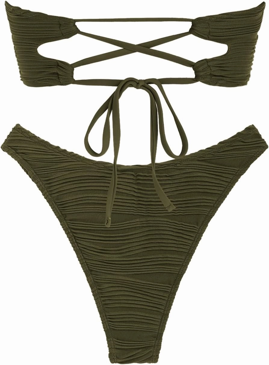 ZAFUL Women Strapless Textured Bandeau Bikini 2 Piece Swimwear Cheeky Solid Lace up Bathing Suits