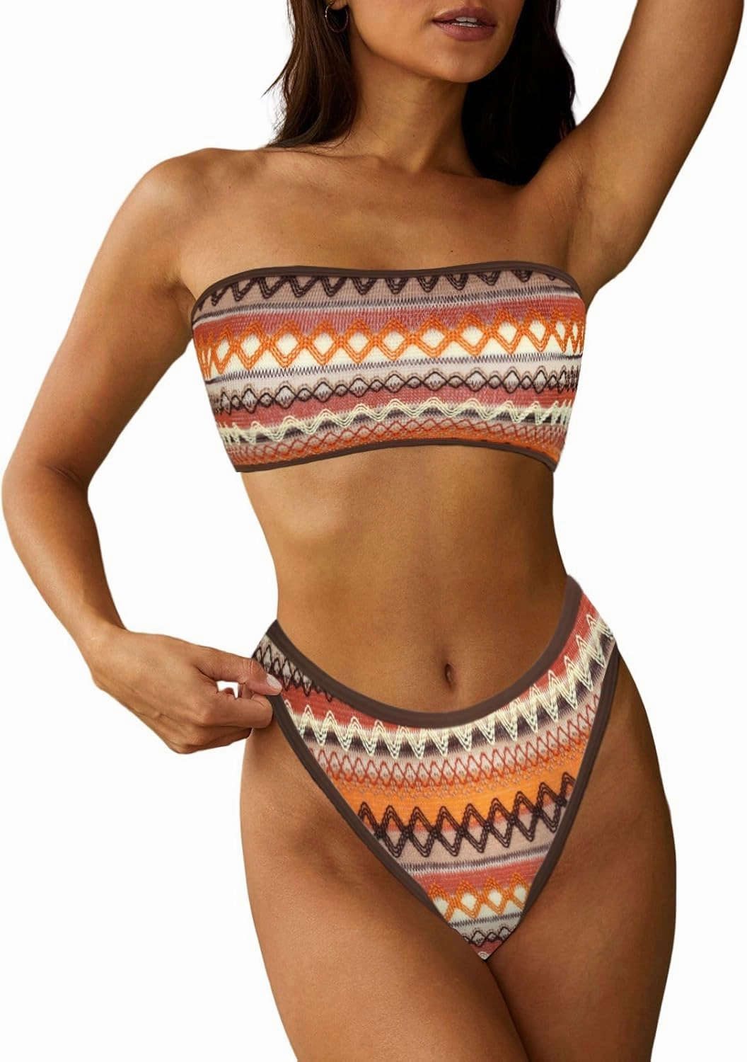 ZAFUL Women Strapless Textured Bandeau Bikini 2 Piece Swimwear Cheeky Solid Lace up Bathing Suits