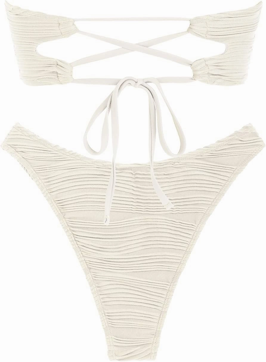 ZAFUL Women Strapless Textured Bandeau Bikini 2 Piece Swimwear Cheeky Solid Lace up Bathing Suits