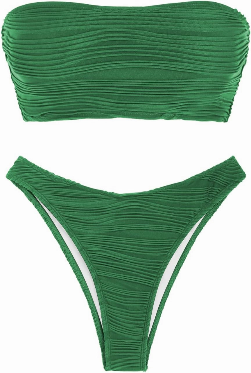 ZAFUL Women Strapless Textured Bandeau Bikini 2 Piece Swimwear Cheeky Solid Lace up Bathing Suits