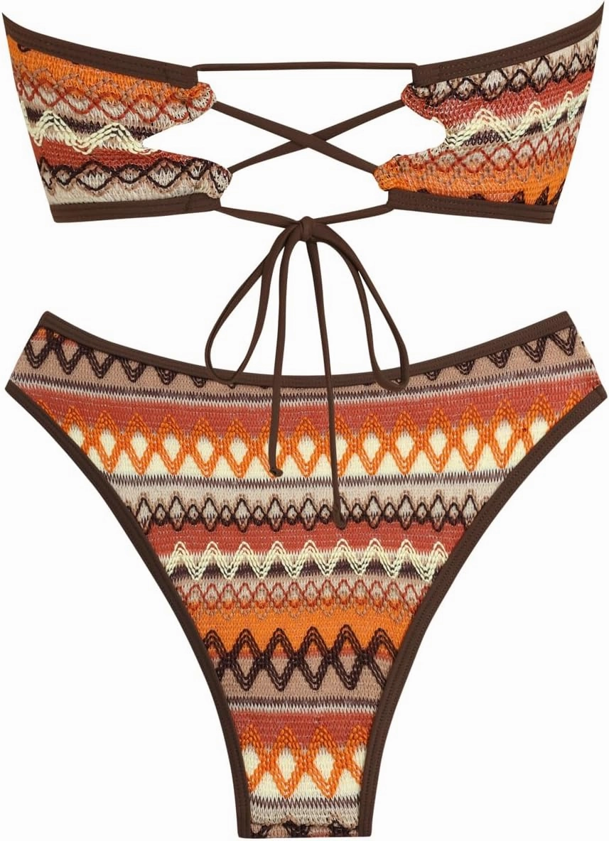 ZAFUL Women Strapless Textured Bandeau Bikini 2 Piece Swimwear Cheeky Solid Lace up Bathing Suits