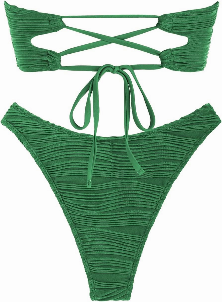 ZAFUL Women Strapless Textured Bandeau Bikini 2 Piece Swimwear Cheeky Solid Lace up Bathing Suits