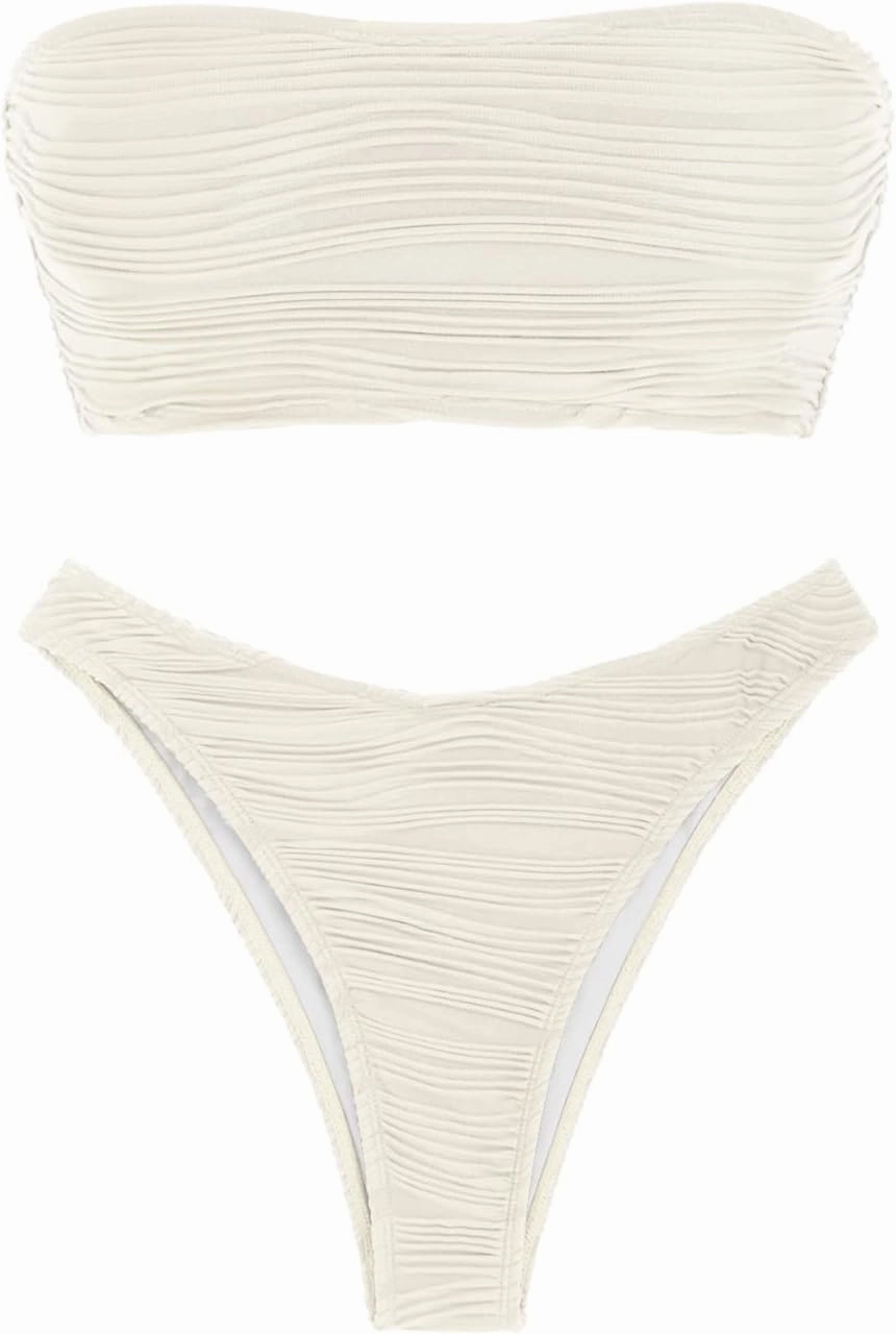 ZAFUL Women Strapless Textured Bandeau Bikini 2 Piece Swimwear Cheeky Solid Lace up Bathing Suits