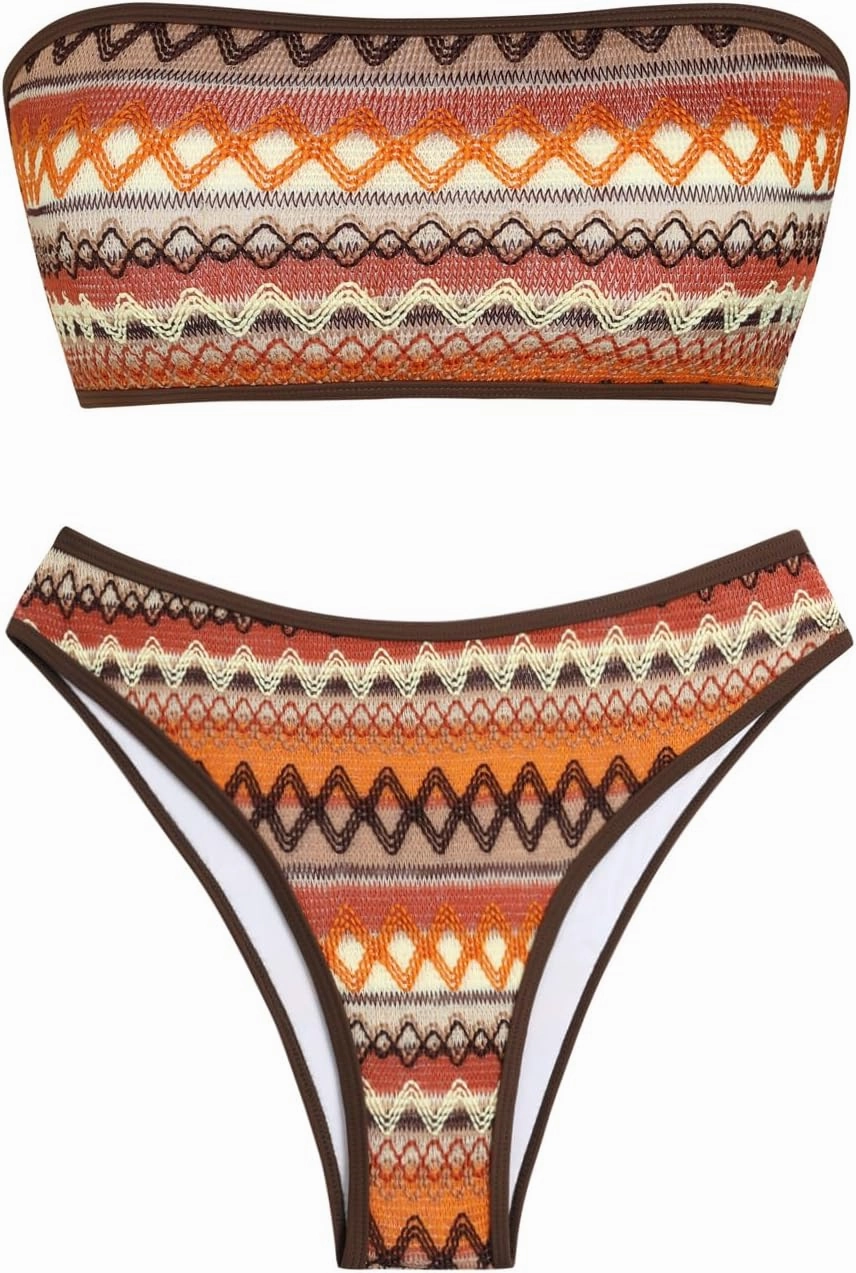 ZAFUL Women Strapless Textured Bandeau Bikini 2 Piece Swimwear Cheeky Solid Lace up Bathing Suits