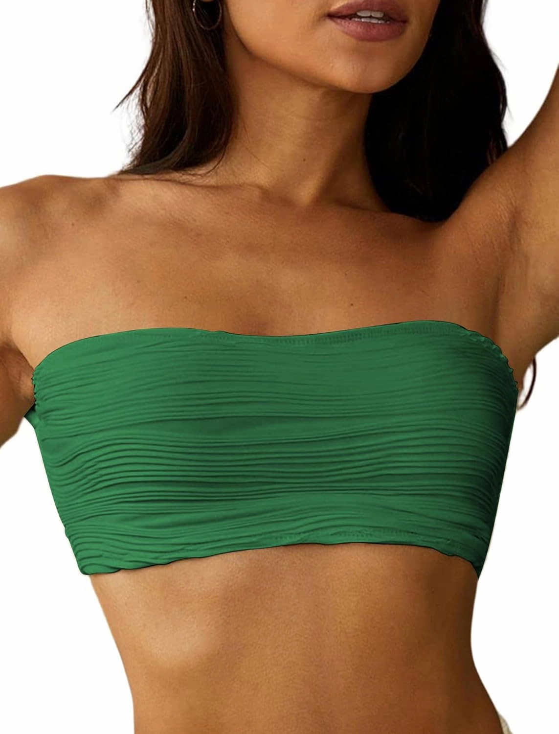 ZAFUL Women Textured Bandeau Bikini Top Lace up Strapless Swimsuit Solid Color High Cut Bathing Suits Top Only