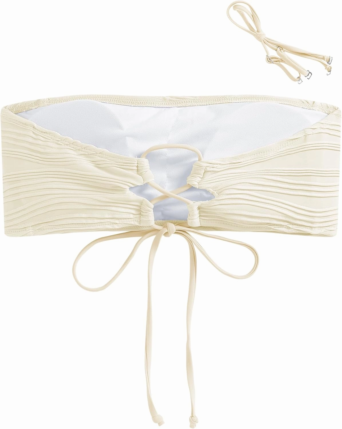 ZAFUL Women Textured Bandeau Bikini Top Lace up Strapless Swimsuit Solid Color High Cut Bathing Suits Top Only
