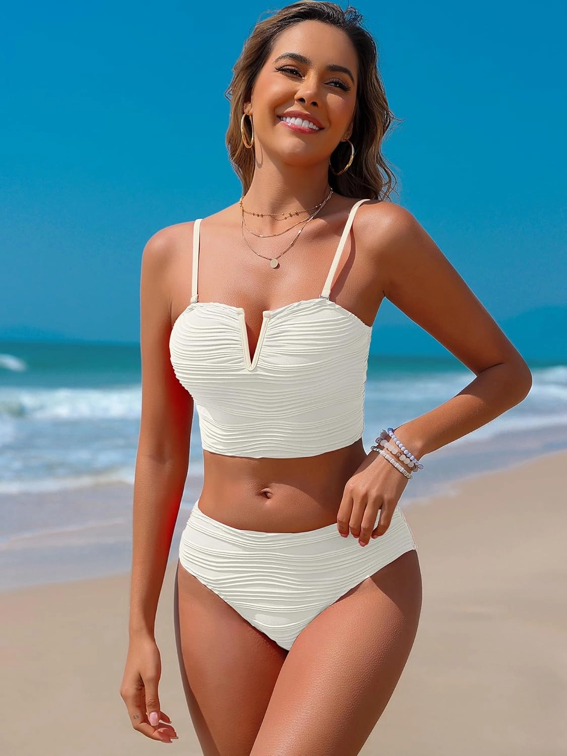 ZAFUL Womens Bandeau Bikini Set Strapless Textured Two Piece Lace up Bathing Suits High Waisted V-Neck Swimsuits