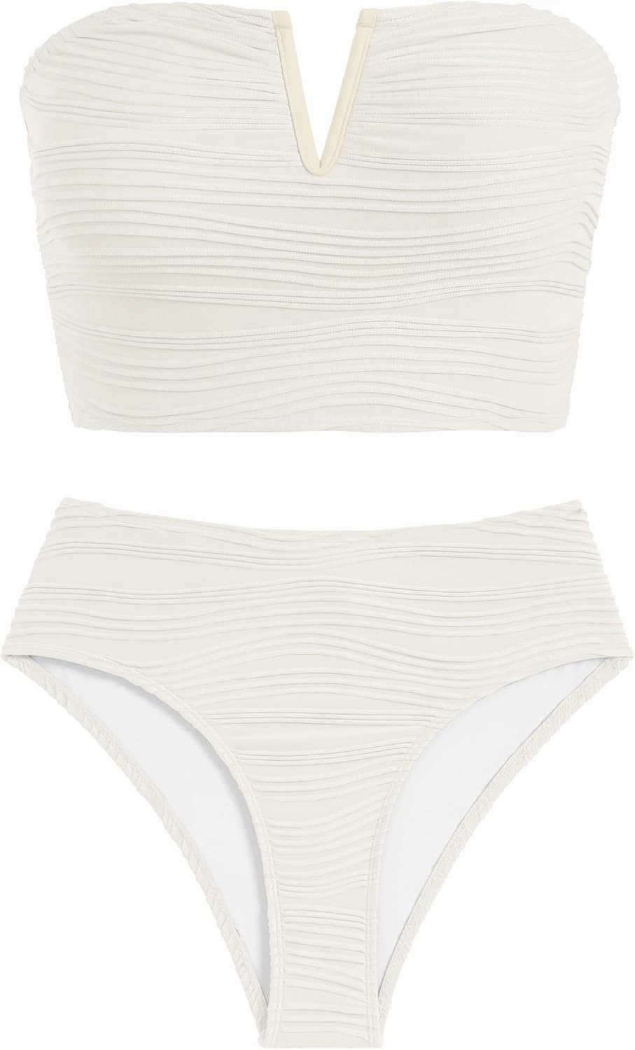 ZAFUL Womens Bandeau Bikini Set Strapless Textured Two Piece Lace up Bathing Suits High Waisted V-Neck Swimsuits