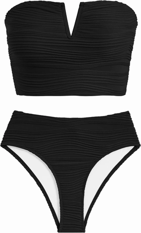 ZAFUL Womens Bandeau Bikini Set Strapless Textured Two Piece Lace up Bathing Suits High Waisted V-Neck Swimsuits