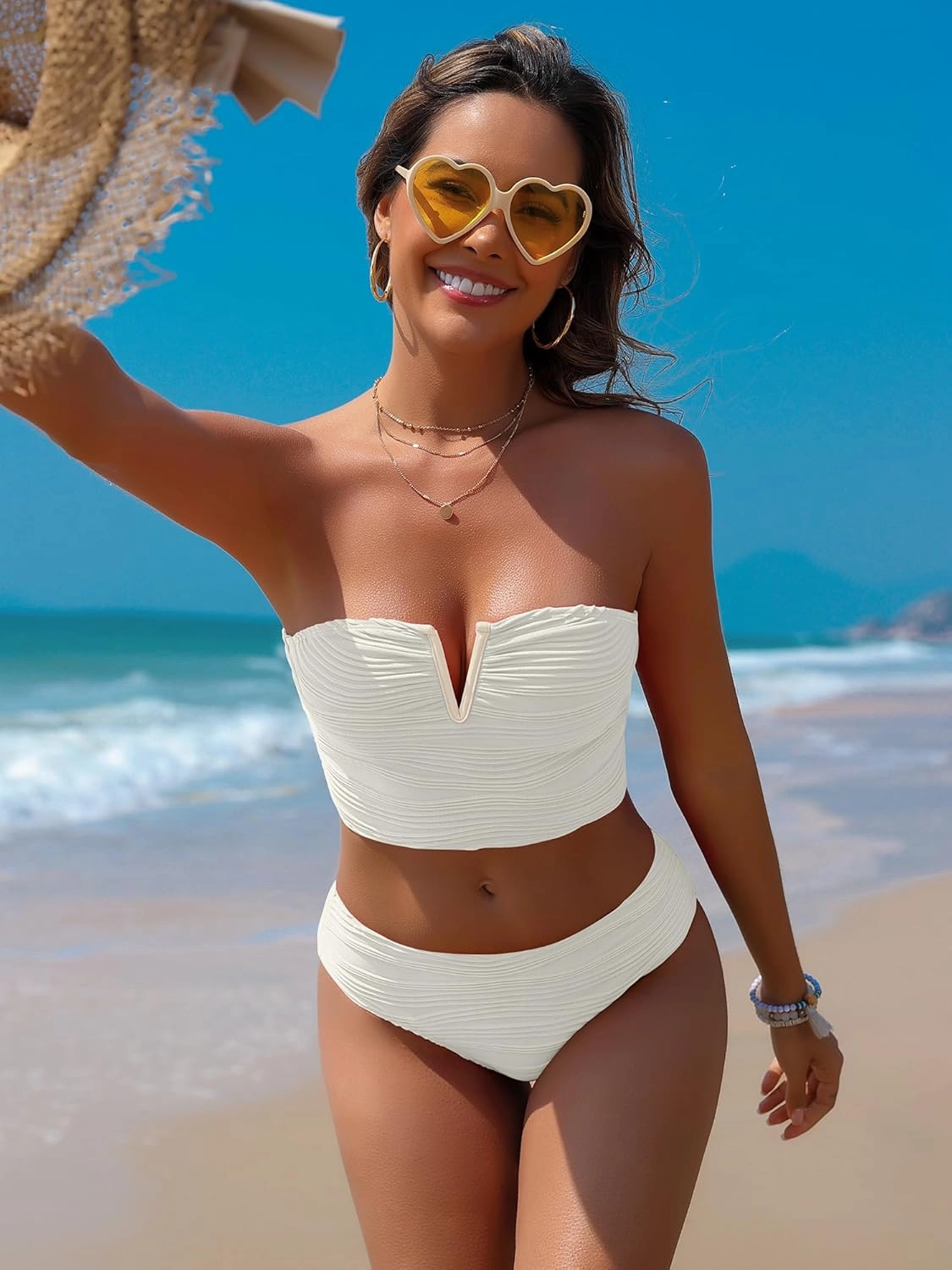 ZAFUL Womens Bandeau Bikini Set Strapless Textured Two Piece Lace up Bathing Suits High Waisted V-Neck Swimsuits