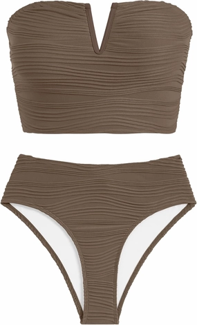ZAFUL Womens Bandeau Bikini Set Strapless Textured Two Piece Lace up Bathing Suits High Waisted V-Neck Swimsuits
