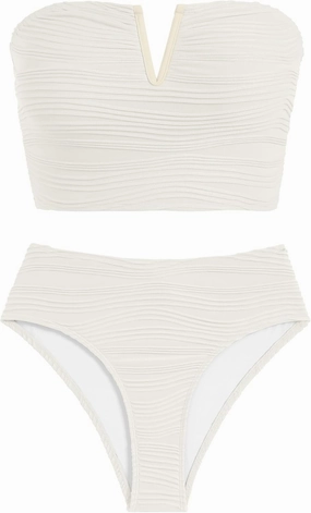 ZAFUL Womens Bandeau Bikini Set Strapless Textured Two Piece Lace up Bathing Suits High Waisted V-Neck Swimsuits