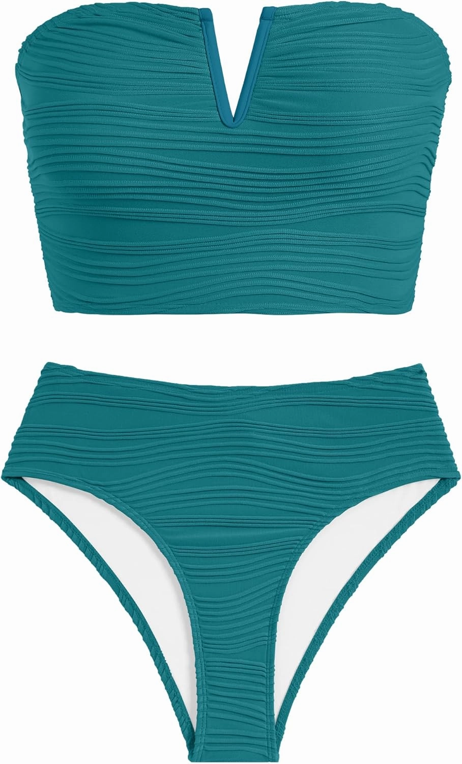 ZAFUL Womens Bandeau Bikini Set Strapless Textured Two Piece Lace up Bathing Suits High Waisted V-Neck Swimsuits