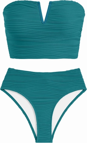 ZAFUL Womens Bandeau Bikini Set Strapless Textured Two Piece Lace up Bathing Suits High Waisted V-Neck Swimsuits