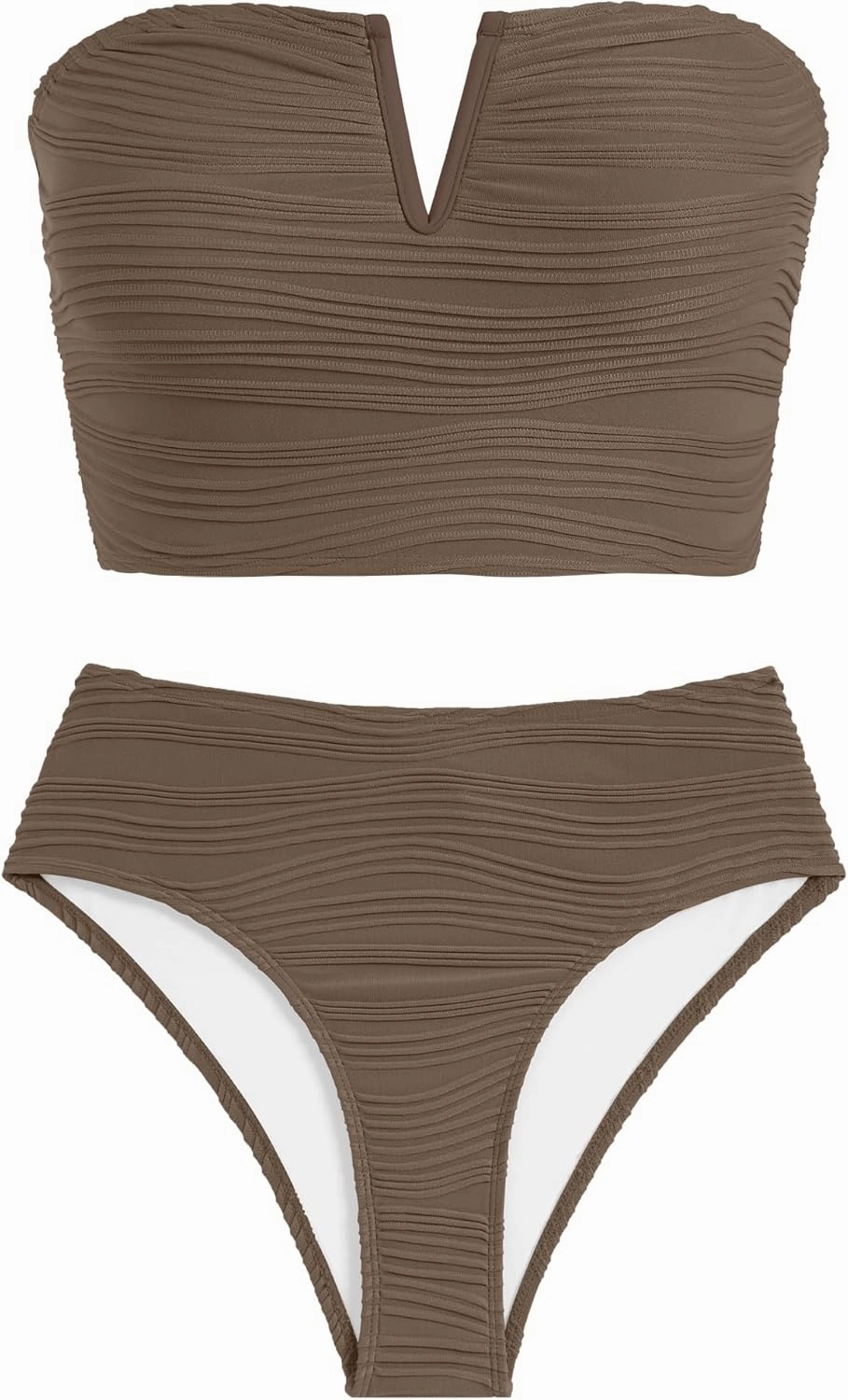 ZAFUL Womens Bandeau Bikini Set Strapless Textured Two Piece Lace up Bathing Suits High Waisted V-Neck Swimsuits