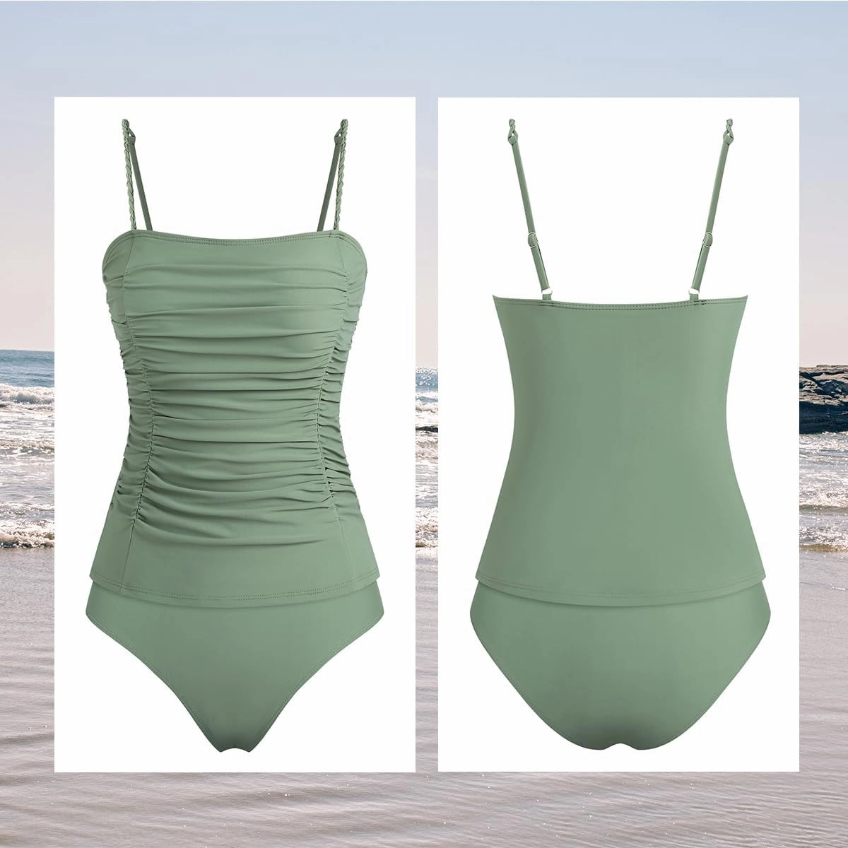 ZAFUL Womens Tankini Swimsuits 2025 Spaghetti Strap Two Pieces Ruched Top Tummy Control High Waisted Bottom Bathing Suits