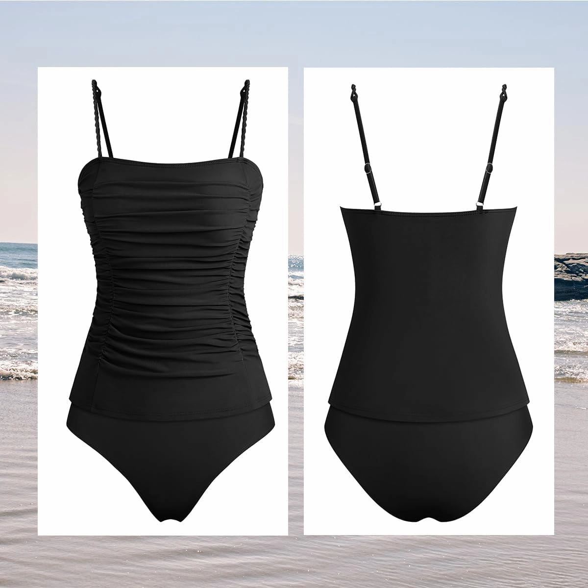 ZAFUL Womens Tankini Swimsuits 2025 Spaghetti Strap Two Pieces Ruched Top Tummy Control High Waisted Bottom Bathing Suits