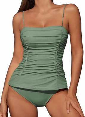ZAFUL Womens Tankini Swimsuits 2025 Spaghetti Strap Two Pieces Ruched Top Tummy Control High Waisted Bottom Bathing Suits