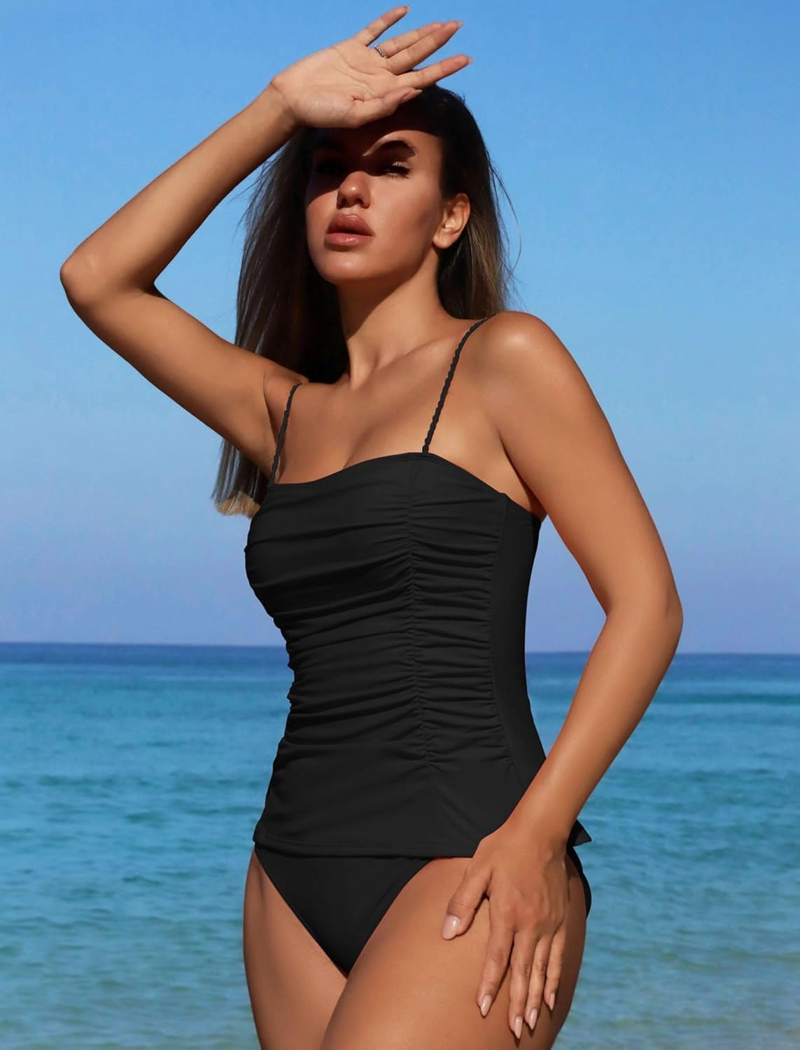 ZAFUL Womens Tankini Swimsuits 2025 Spaghetti Strap Two Pieces Ruched Top Tummy Control High Waisted Bottom Bathing Suits