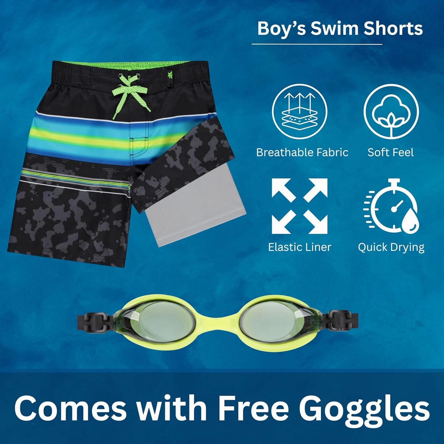 ZeroXposur Boys Swim Trunks with Compression Liner and Goggles, Quick Dry Swim Shorts