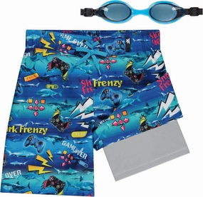 ZeroXposur Boys Swim Trunks with Compression Liner and Goggles, Quick Dry Swim Shorts
