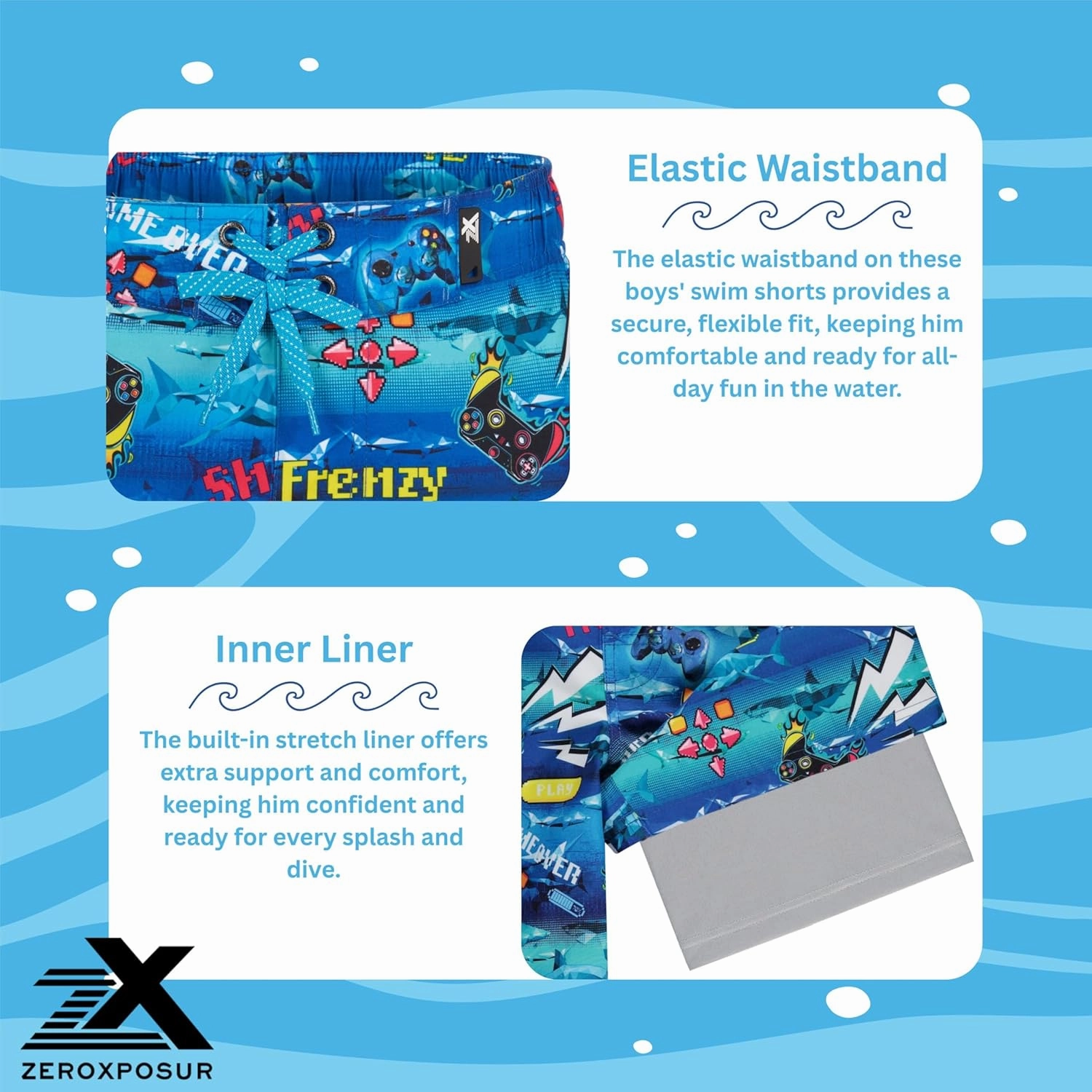 ZeroXposur Boys Swim Trunks with Compression Liner and Goggles, Quick Dry Swim Shorts
