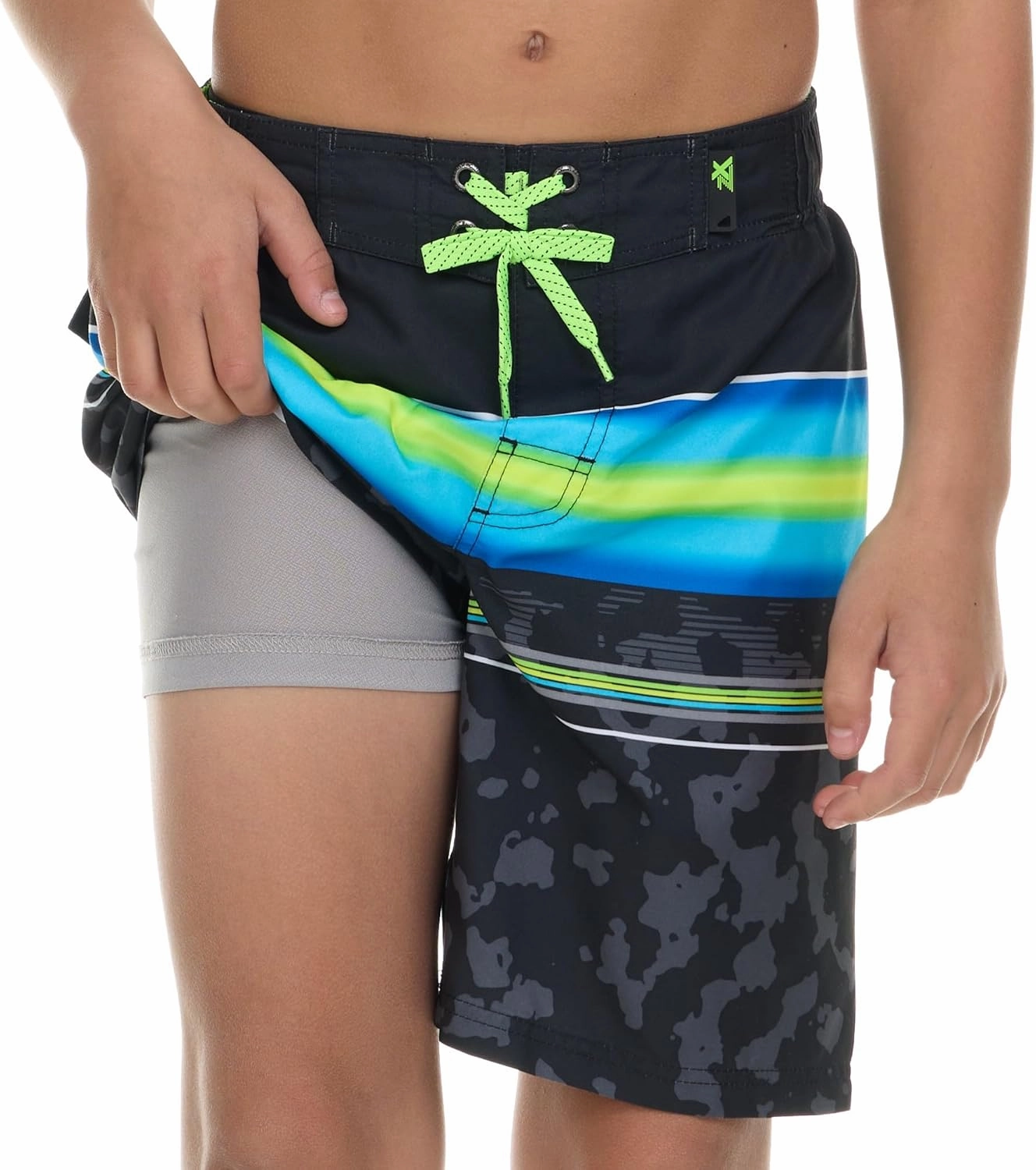 ZeroXposur Boys Swim Trunks with Compression Liner and Goggles, Quick Dry Swim Shorts