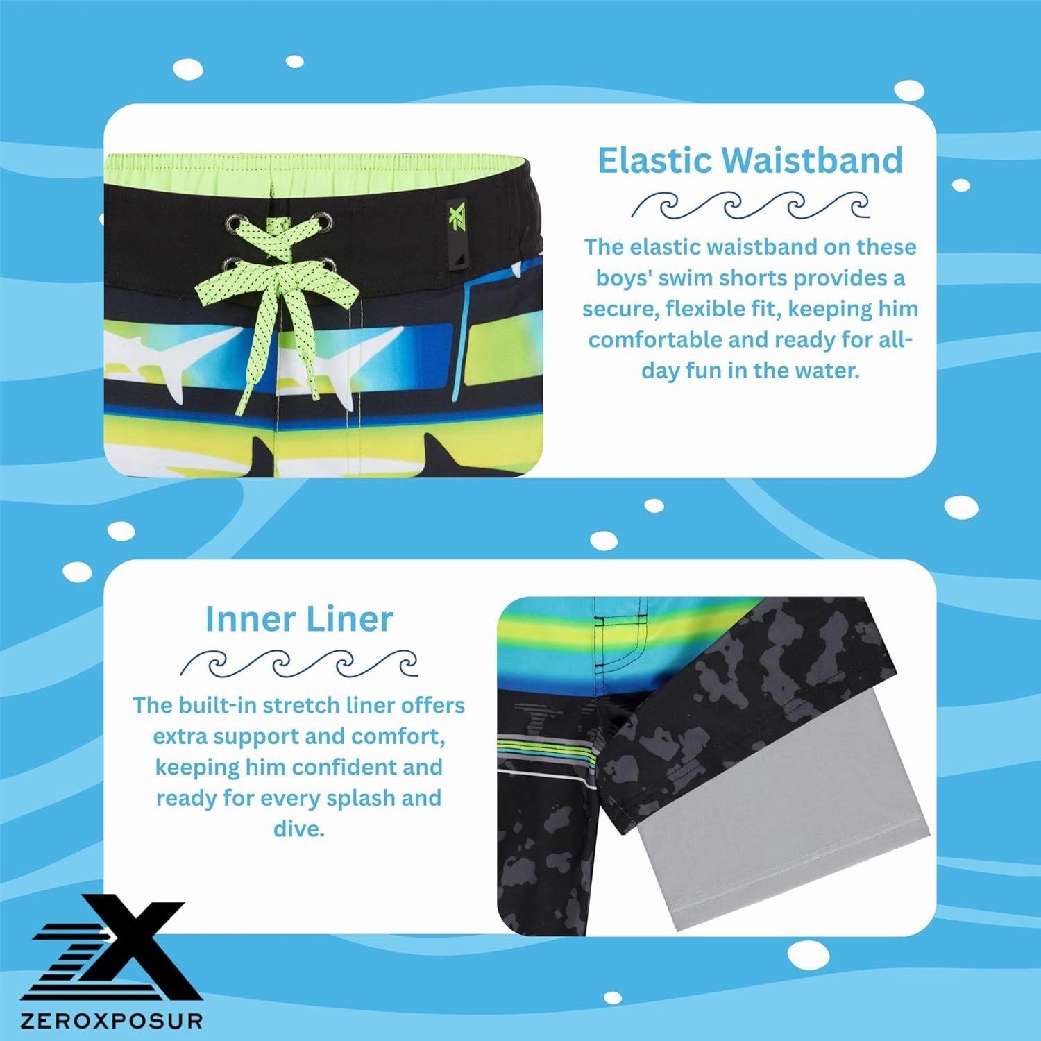 ZeroXposur Boys Swim Trunks with Compression Liner and Goggles, Quick Dry Swim Shorts